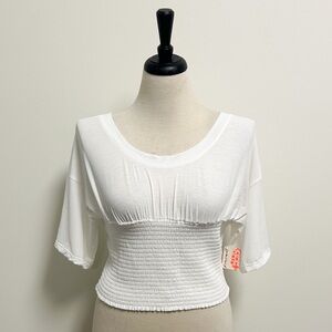 Free People Movement White Smocking Hot Wide Neck Open Back Short Sleeve Top New